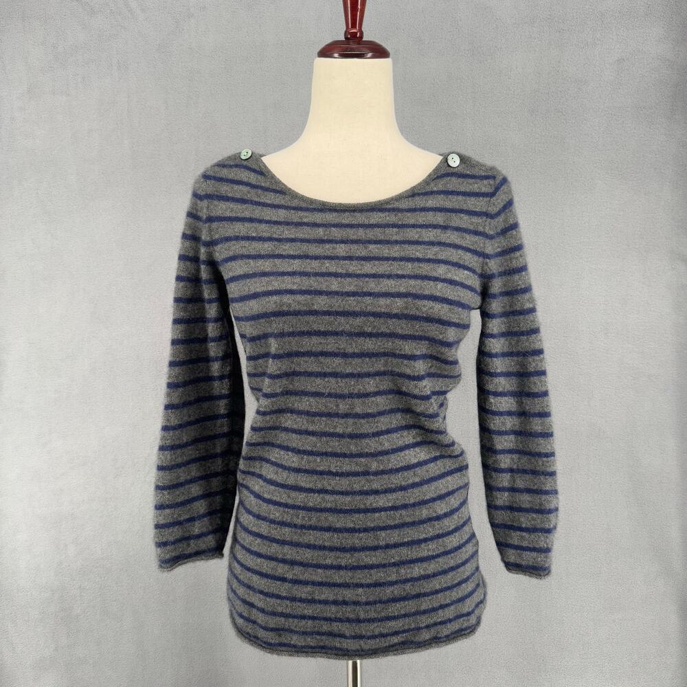 Alashan Cashmere 3/4 Sleeve Striped Sweater Womens M‎ Scoop Neck Gray Blue